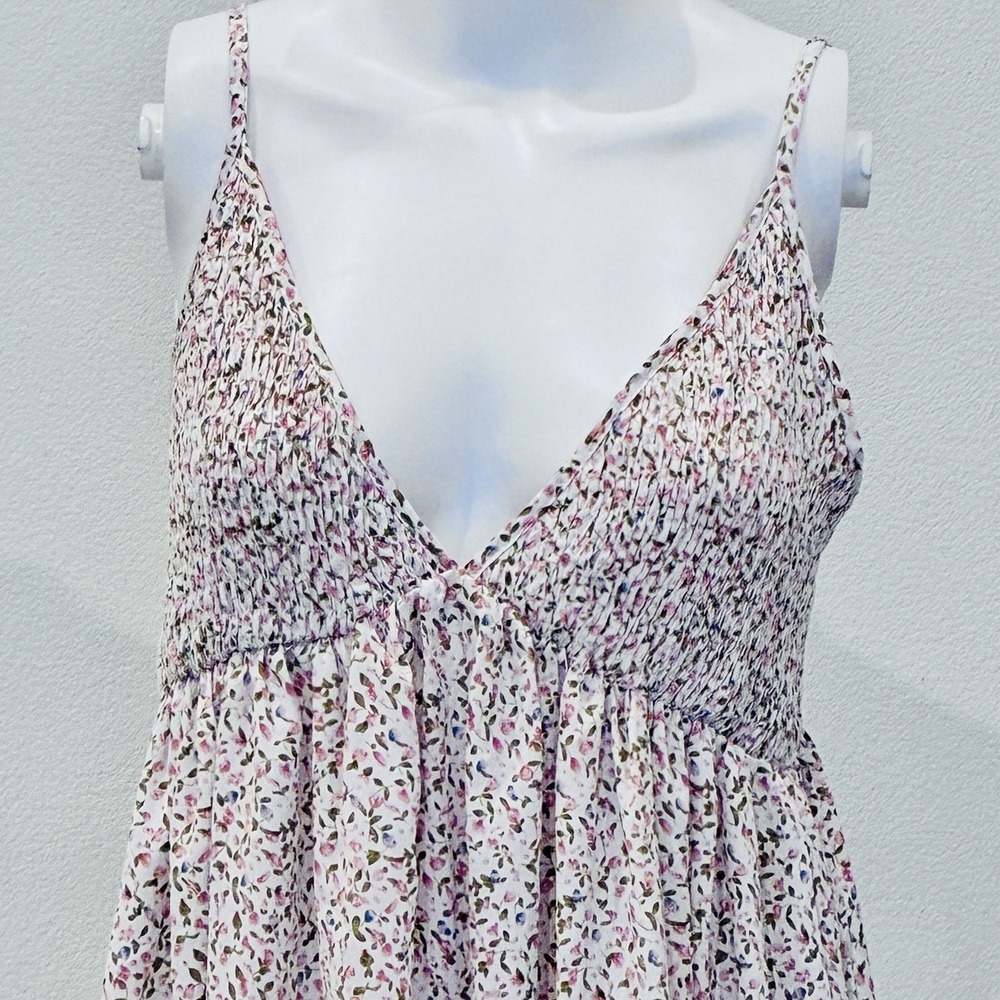 Coquette Pink Floral Babydoll Smocked Romantic Midi Dress Womens L Cottagecore